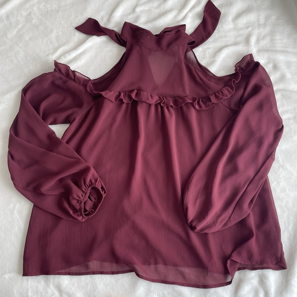 Women's Cold Shoulder Long Sleeve Sheer Blouse, Wine/Red Ruffle Tie Ribbon S